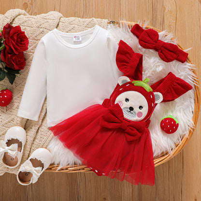3pc teddy bear printed frock with headband Red Dresses for kids