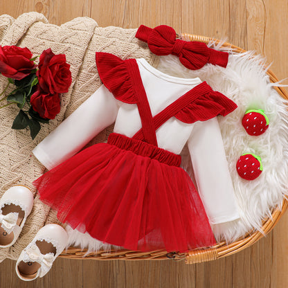 3pc teddy bear printed frock with headband Red Dresses for kids