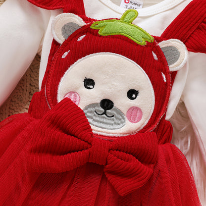 3pc teddy bear printed frock with headband Red Dresses for kids