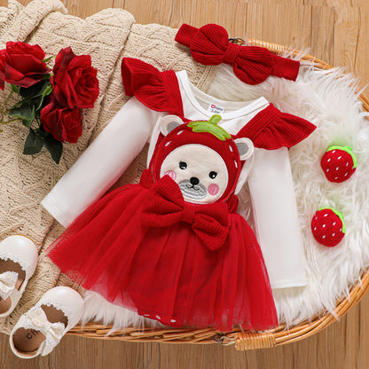 3pc teddy bear printed frock with headband Red Dresses for kids