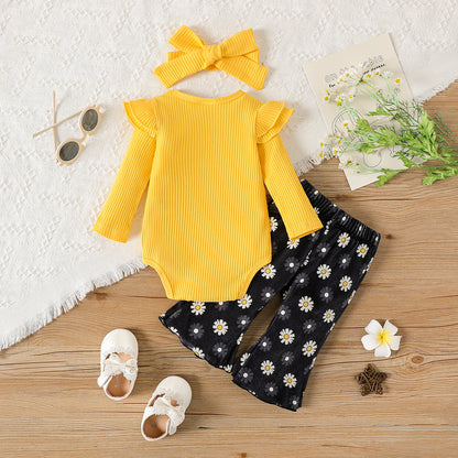 Baby girl sunshine romper and flared pant set with matching headband