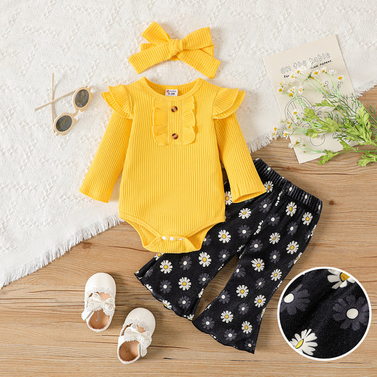 Baby girl sunshine romper and flared pant set with matching headband