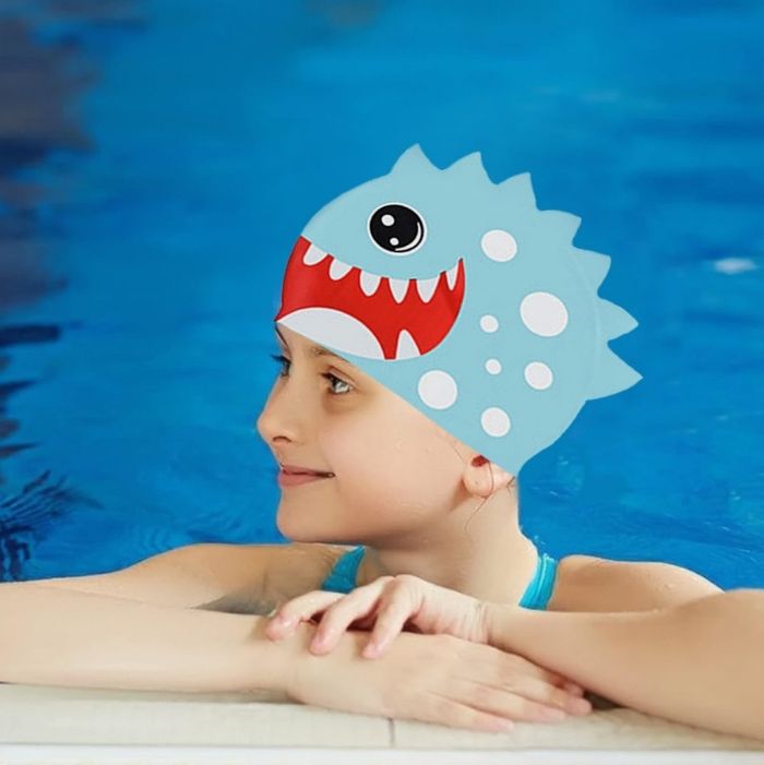 3d White Polka Mint, Silicone Kids Swim Cap, 5 years -15 years