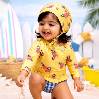 2 Pcs Yellow Peplum Top & Checkerd Bottom, Toddlers & Kids Swimwear with matching Swim Cap, plus Free Wash Bag & Free Swim Detergent