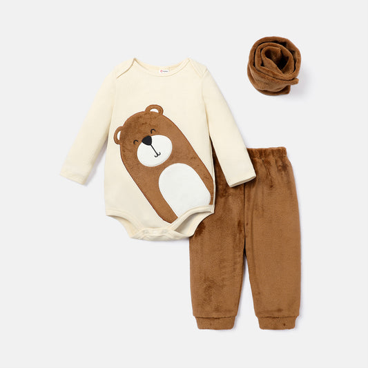 Baby boy 3pc bear set with velvet pants and scarf Brown for kids