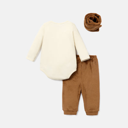 Baby boy 3pc bear set with velvet pants and scarf Brown for kids