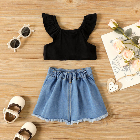 Baby girl 2pc top and denim skirt set Blue for kids