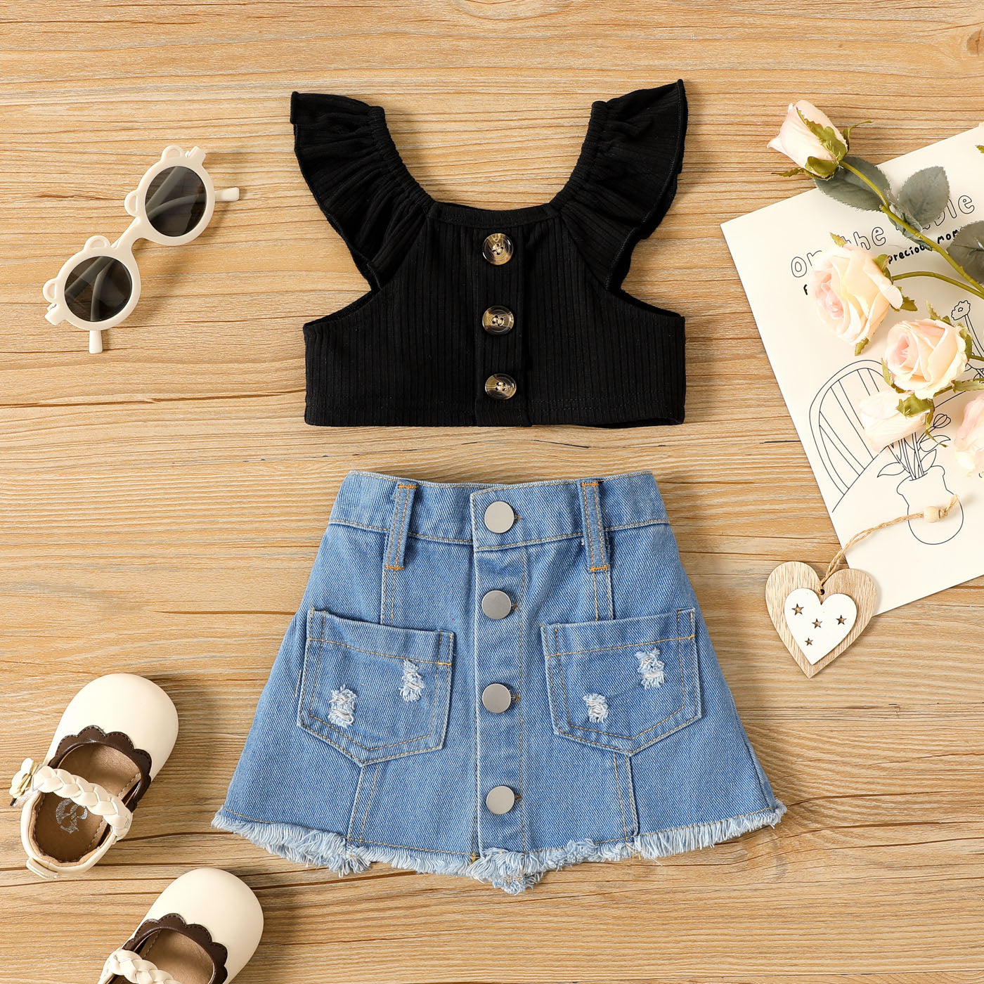 Baby girl 2pc top and denim skirt set Blue for kids