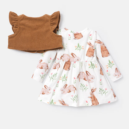 rabbit printed frock with half corduroy jacket Brown Dresses for kids