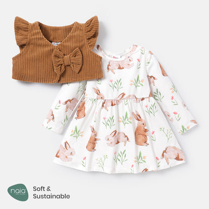 rabbit printed frock with half corduroy jacket Brown Dresses for kids