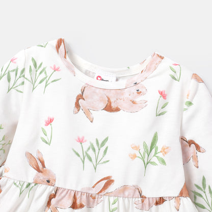 rabbit printed frock with half corduroy jacket Brown Dresses for kids