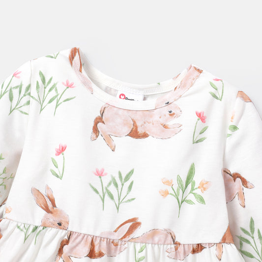 rabbit printed frock with half corduroy jacket Brown Dresses for kids