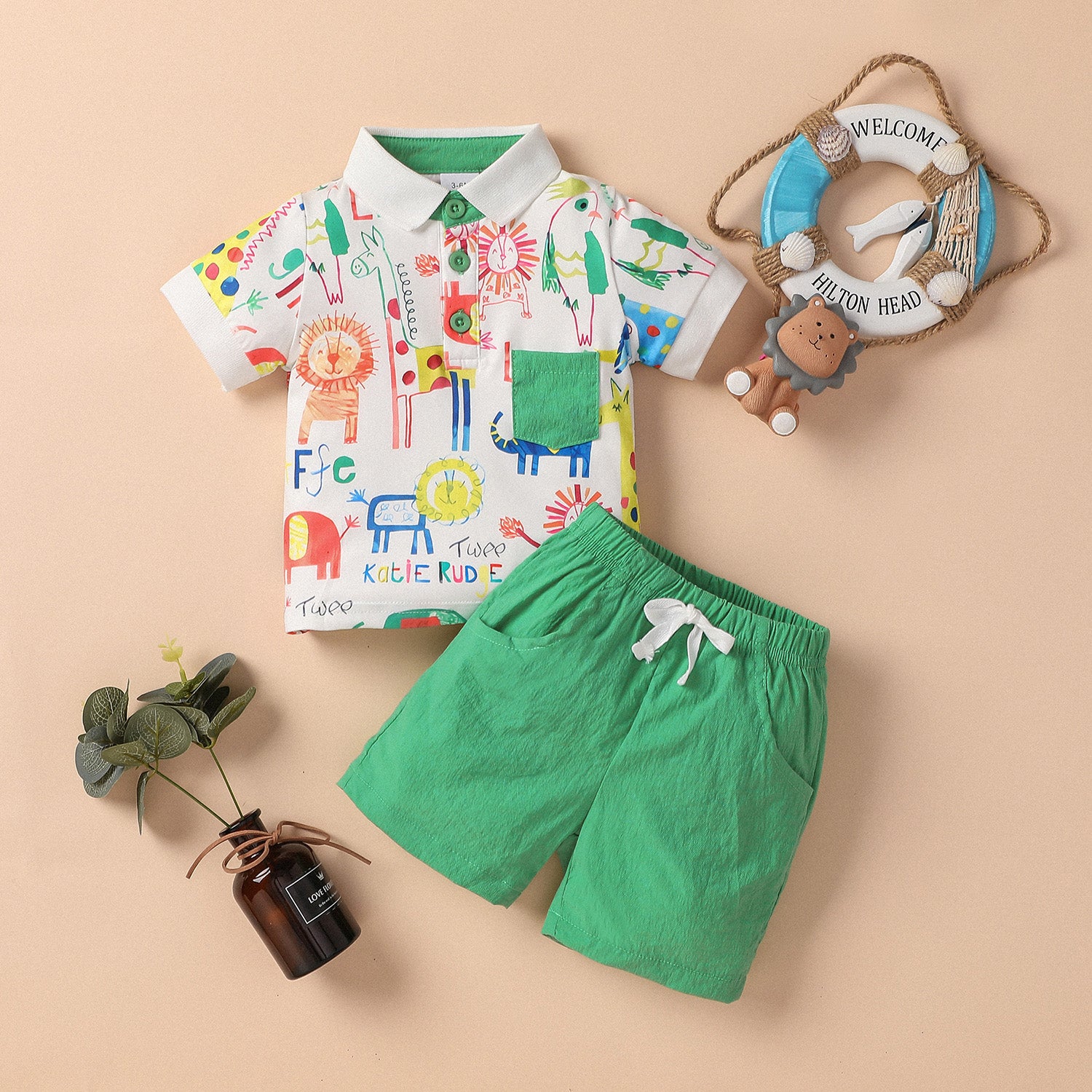 Baby boy animal printed t-shirt and shorts set Green for kids