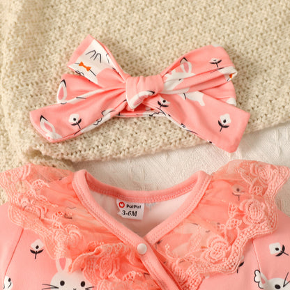 Baby girl rabbit romper with matching headband and bib set