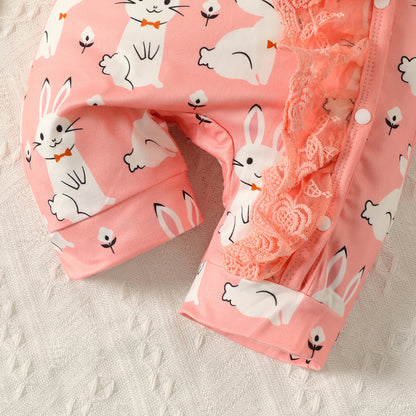 Baby girl rabbit romper with matching headband and bib set