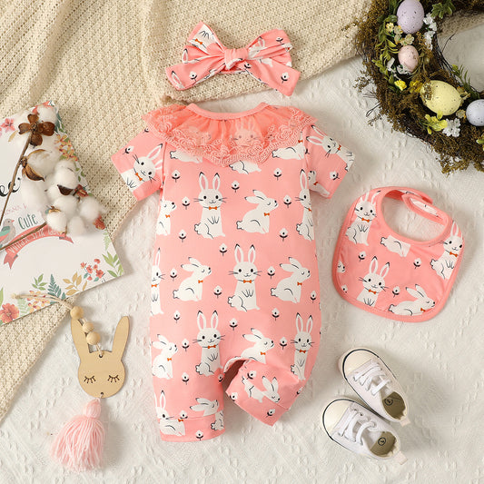 Baby girl rabbit romper with matching headband and bib set