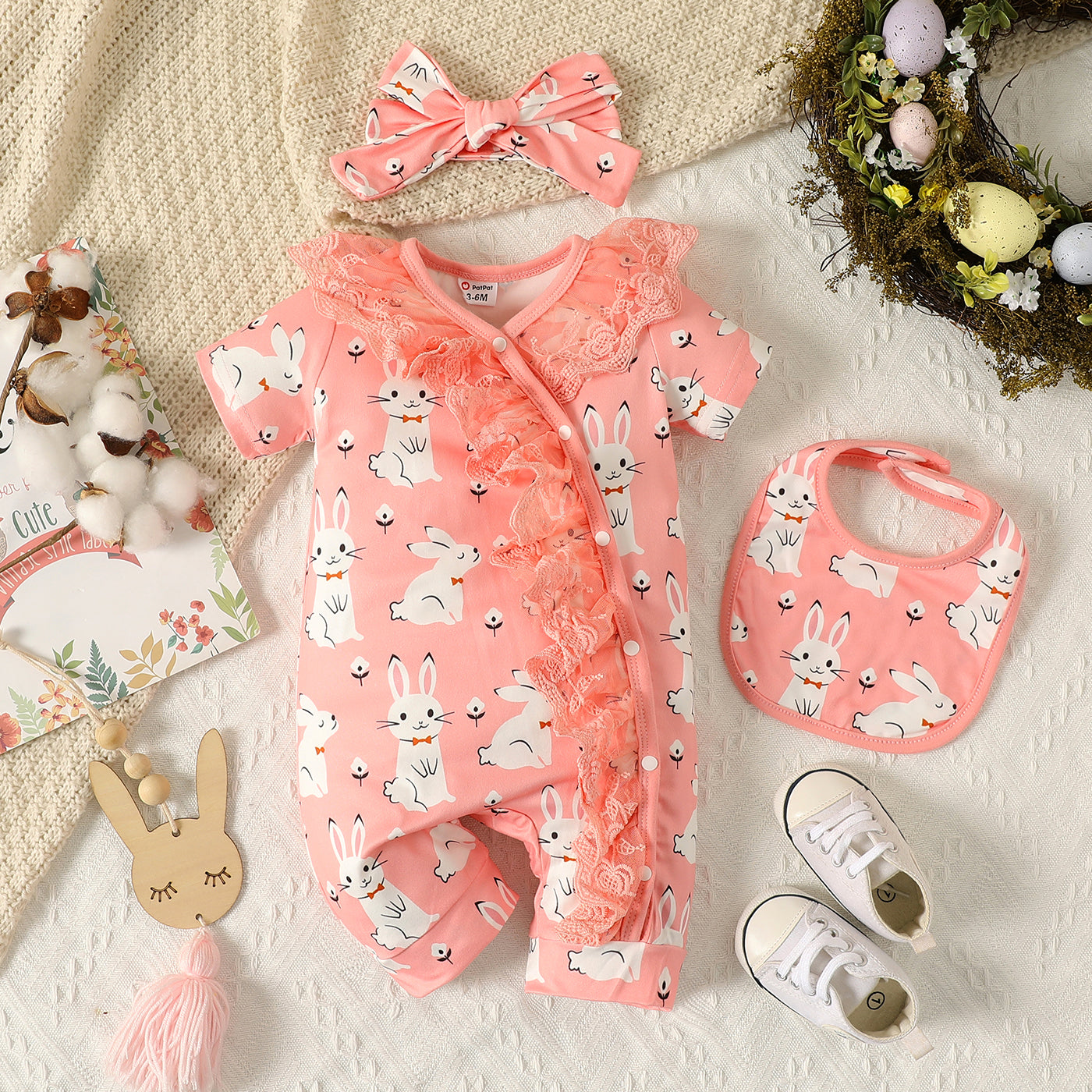 Baby girl rabbit romper with matching headband and bib set