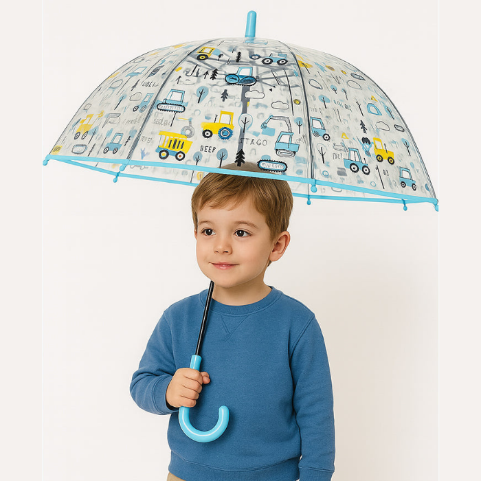 Light Blue Dome style construction theme Transparent Umbrella for Kids, 1-5years