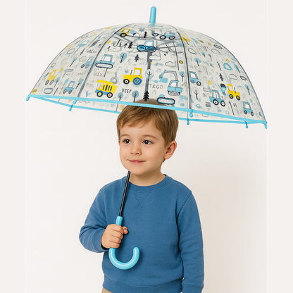 Light Blue Dome style construction theme Transparent Umbrella for Kids, 1-5years