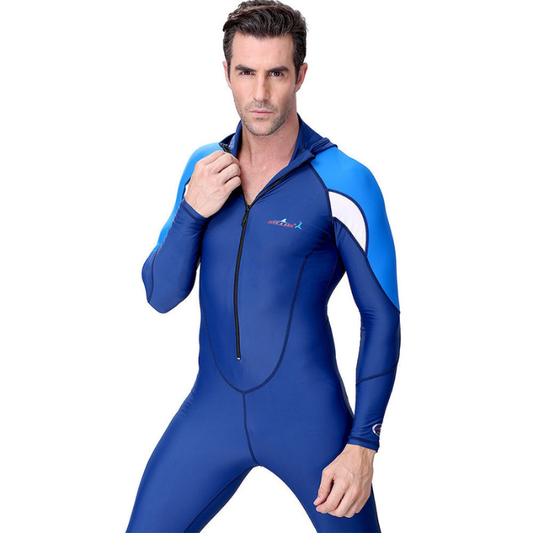Full-Length Navy Blue Hood & Stirrup Foot Loop, Teens and Mens Swimwear in UPF 50+ with Free Washbag