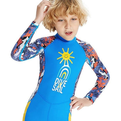 Full Sleeves Kids Swimwear Sky Blue & Yellow Sunshine Printed Full Length, with UPF 50+ with Free Washbag