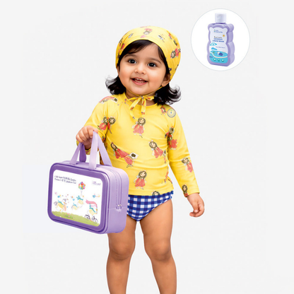 2 Pcs Yellow Peplum Top & Checkerd Bottom, Toddlers & Kids Swimwear with matching Swim Cap, plus Free Wash Bag & Free Swim Detergent