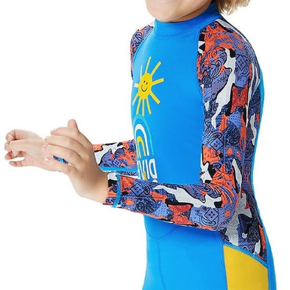 Full Sleeves Kids Swimwear Sky Blue & Yellow Sunshine Printed Full Length, with UPF 50+ with Free Washbag