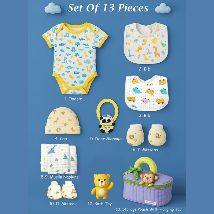 13 pcs Purple Monkey soft satin pouch Newborn Hamper /Gift Box for Baby, 0-6 months