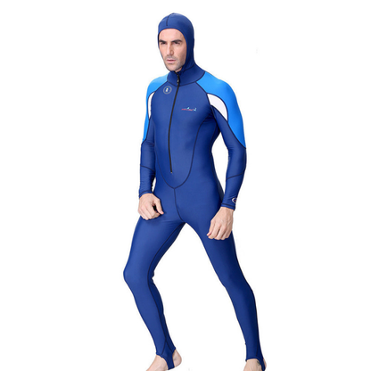 Full-Length Navy Blue Hood & Stirrup Foot Loop, Teens and Mens Swimwear in UPF 50+ with Free Washbag