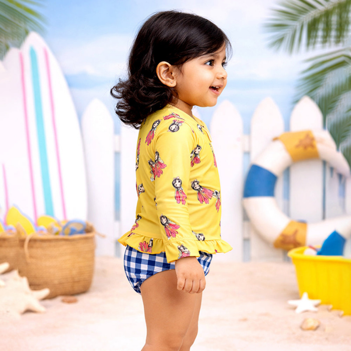 2 Pcs Yellow Peplum Top & Checkerd Bottom, Toddlers & Kids Swimwear with matching Swim Cap, plus Free Wash Bag & Free Swim Detergent