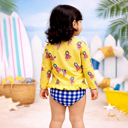 2 Pcs Yellow Peplum Top & Checkerd Bottom, Toddlers & Kids Swimwear with matching Swim Cap, plus Free Wash Bag & Free Swim Detergent