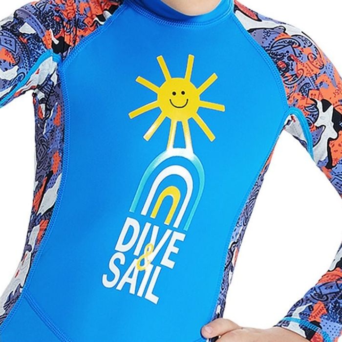 Full Sleeves Kids Swimwear Sky Blue & Yellow Sunshine Printed Full Length, with UPF 50+ with Free Washbag