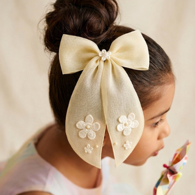 Choko Lemony Organza Bow Alligator Hairclip - Cotton Flower and Pearl Embellishments