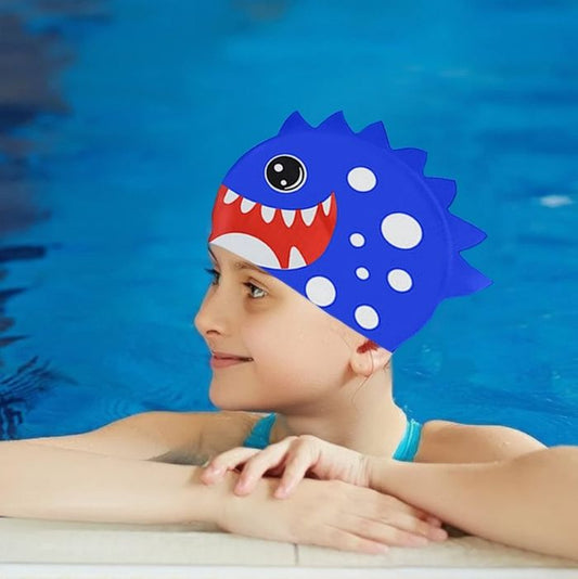 3d White Polka Cobalt Blue, Silicone Kids Swim Cap, 5 years - 15 years
