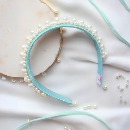 Queen's Glory Pearl Hair Band for Girls | Sky Blue Satin Headband | Sky Blue Pearl Hair Band for Girls | Birthday & Party Hair Accessory