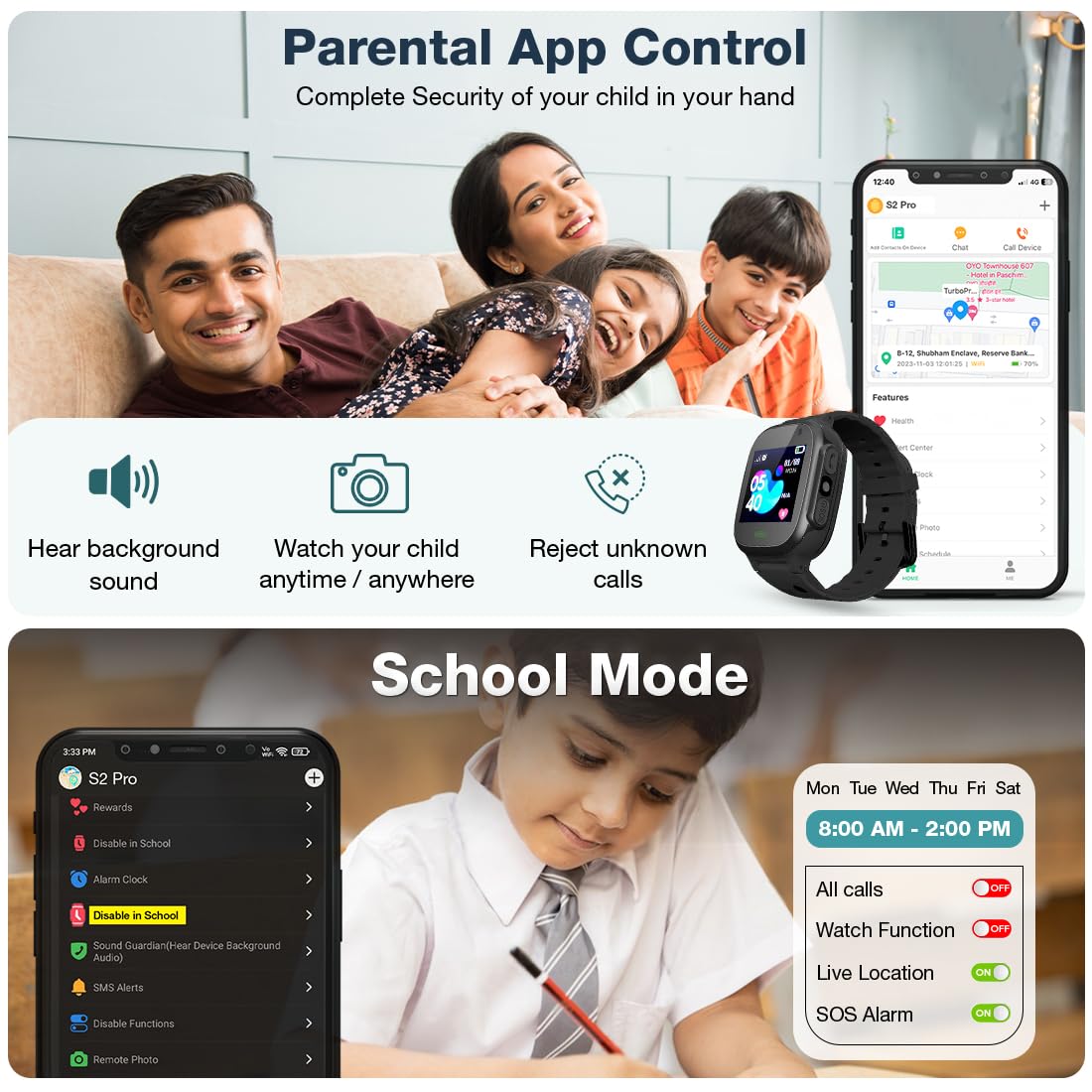 Sekyo S2 Pro Kids Smartwatch with Calling | GPS Location Tracking, SOS Alert, Camera, Safe Zone & Family Chat | 4G/5G SIM Support | App-Controlled | Long Battery Life