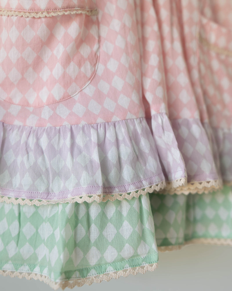 Pocketful of Sunsets dress in rhombus block print