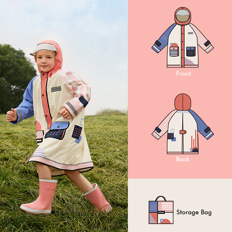 Bold Geometric Print Cream & Pink Raincoat for Kids - Little Surprise Box