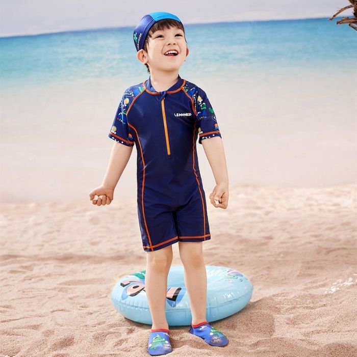 Dark Blue Geometric Alligator Kids Swimwear UPF 50+ with matching Swim Cap & Free Washbag