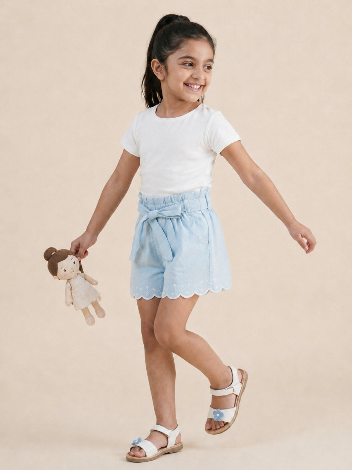 Floral Fun Paper Bag Shorts for Girls (Sky Blue)