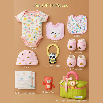 13 pcs Pink Monkey soft satin pouch Newborn Hamper /Gift Box for Baby, 0-6 months