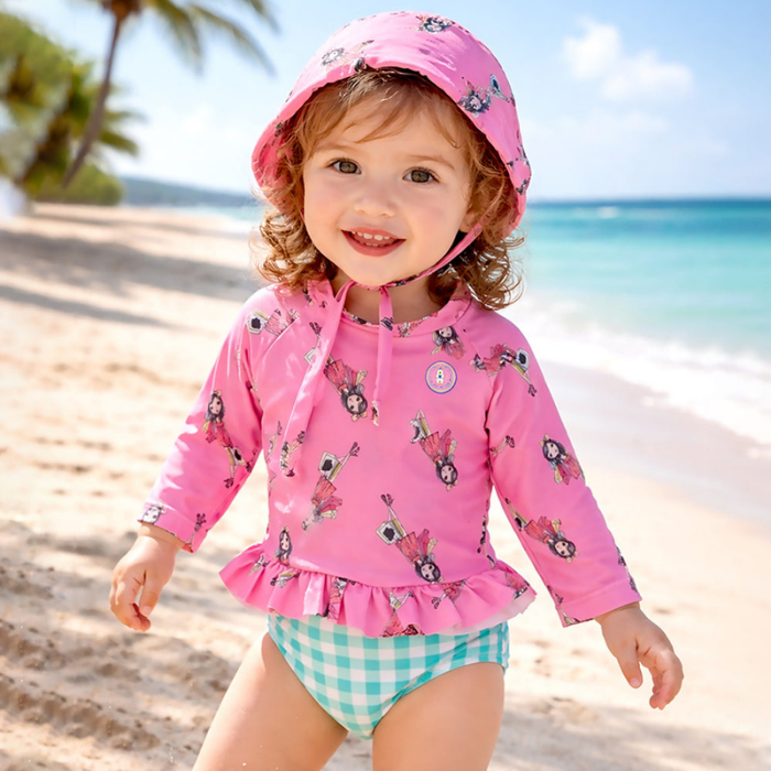 2 Pcs Pink Peplum Top & Checkered Bottom, Toddlers & Kids Swimwear with matching Swim Cap, plus Free Wash Bag & Free Swim Detergent