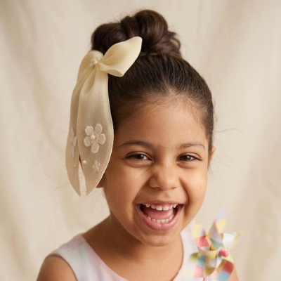 Choko Lemony Organza Bow Alligator Hairclip - Cotton Flower and Pearl Embellishments