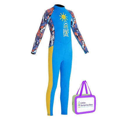 Full Sleeves Kids Swimwear Sky Blue & Yellow Sunshine Printed Full Length, with UPF 50+ with Free Washbag