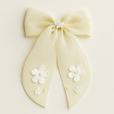 Choko Lemony Organza Bow Alligator Hairclip - Cotton Flower and Pearl Embellishments