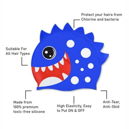 3d White Polka Cobalt Blue, Silicone Kids Swim Cap, 5 years - 15 years