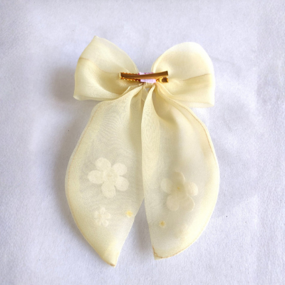 Choko Lemony Organza Bow Alligator Hairclip - Cotton Flower and Pearl Embellishments