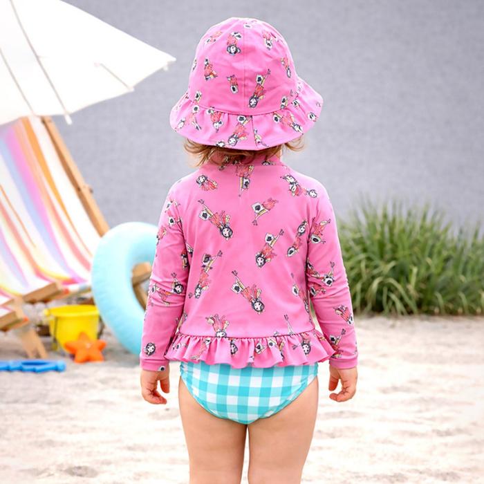 2 Pcs Pink Peplum Top & Checkered Bottom, Toddlers & Kids Swimwear with matching Swim Cap, plus Free Wash Bag & Free Swim Detergent