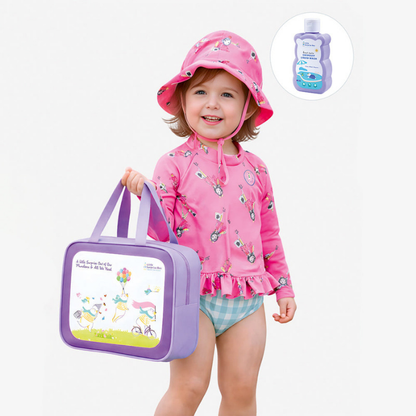 2 Pcs Pink Peplum Top & Checkered Bottom, Toddlers & Kids Swimwear with matching Swim Cap, plus Free Wash Bag & Free Swim Detergent