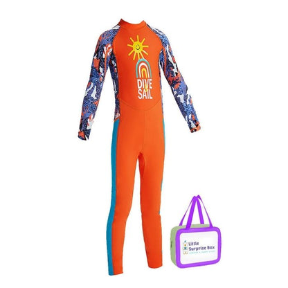 Full Sleeves Kids Swimwear Bright Orange & Blue Sunshine Printed Full Length, UPF 50+ with Free Washbag